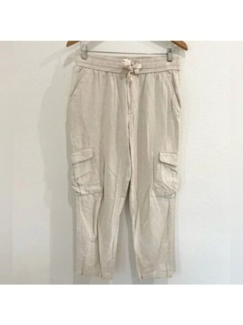 Zara Neutral Cargo Linen Ankle Pants Relaxed Fit Boho Coastal Cream